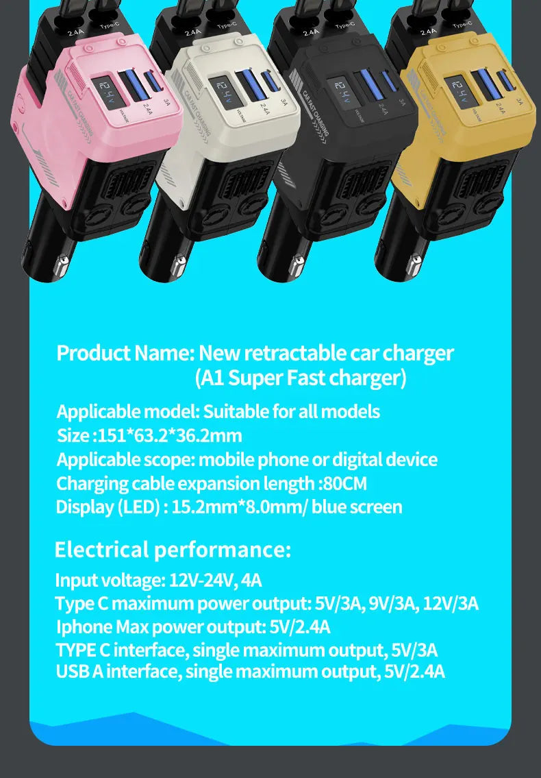 120W Super-Fast 4-in-1 Adjustable Retractable Car Charger with Digital Voltage Display