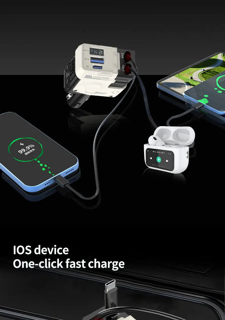 120W Super-Fast 4-in-1 Adjustable Retractable Car Charger with Digital Voltage Display