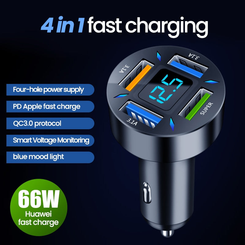 Super Fast 66W USB Car Charger with PD Quick Charge Port