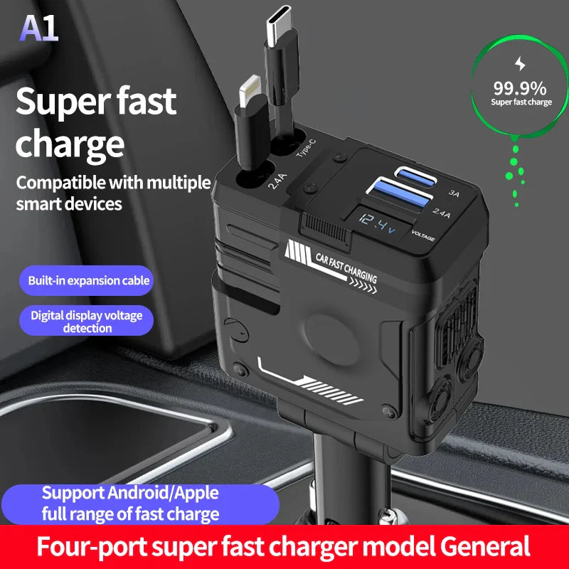 120W Super-Fast 4-in-1 Adjustable Retractable Car Charger with Digital Voltage Display