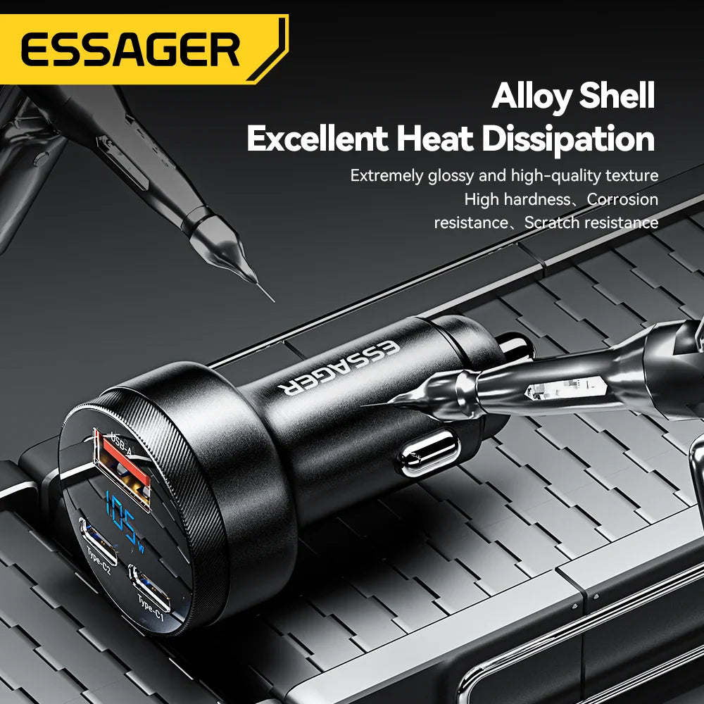 Essager 105W Triple-Port Fast Car Charger with Digital Display (USB + Dual Type-C PD/PPS)