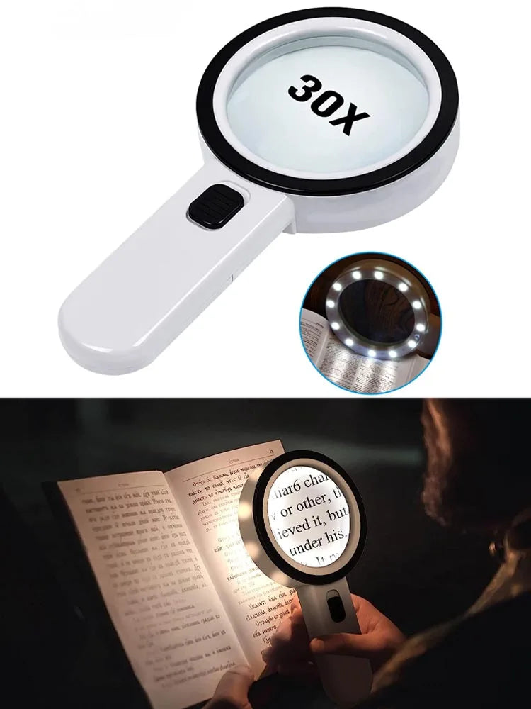 30X Handheld Illuminated Magnifier with 12 LED Lights For The Elderly