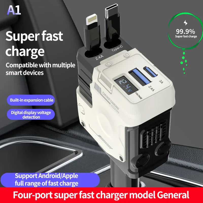 120W Super-Fast 4-in-1 Adjustable Retractable Car Charger with Digital Voltage Display