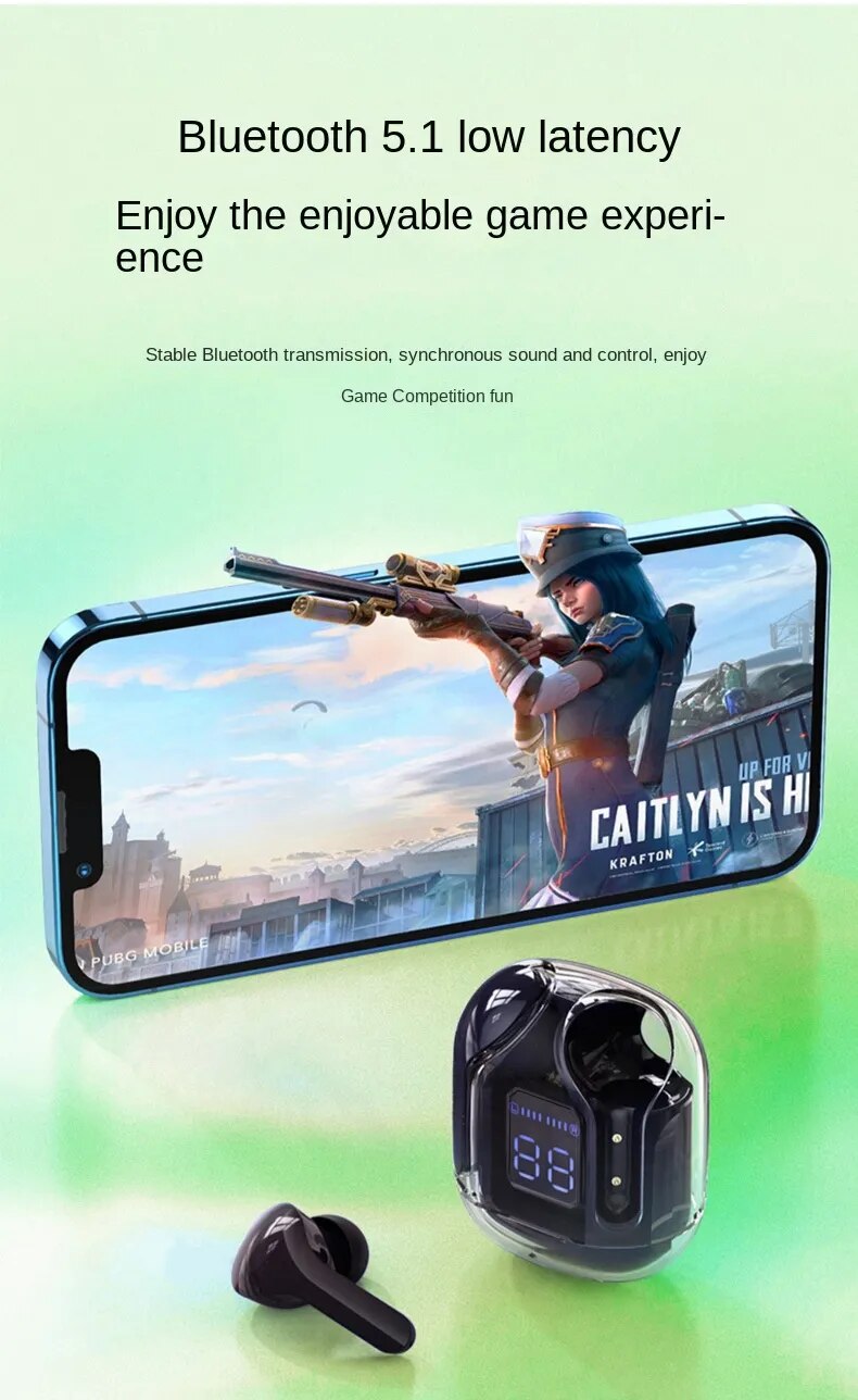 Bluetooth 5.0 Noise Reduction Earbuds with Crystal Charging Led Case