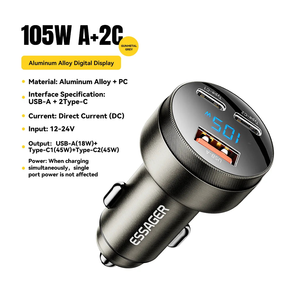 Essager 105W Triple-Port Fast Car Charger with Digital Display (USB + Dual Type-C PD/PPS)