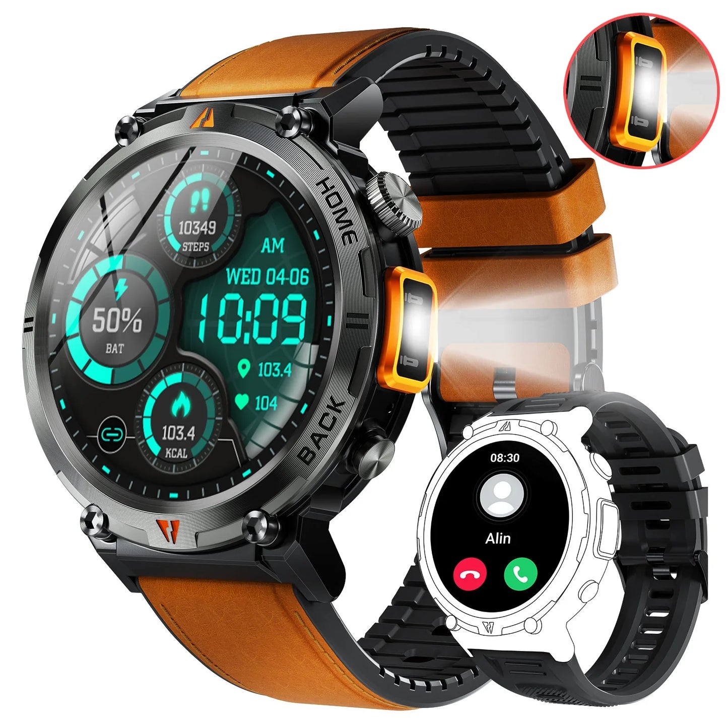Full-Touch Screen Bluetooth Smartwatch with Health Monitoring & Built-In Flashlight (Android+IOS)