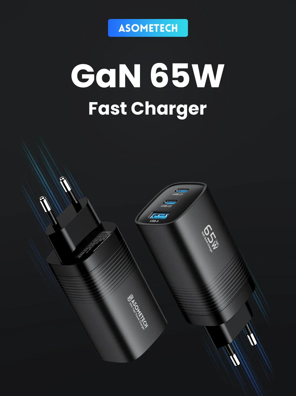 ASOMETECH 65W Newest GaN Technology QC4.0 Ultra Fast 3in1 Charger