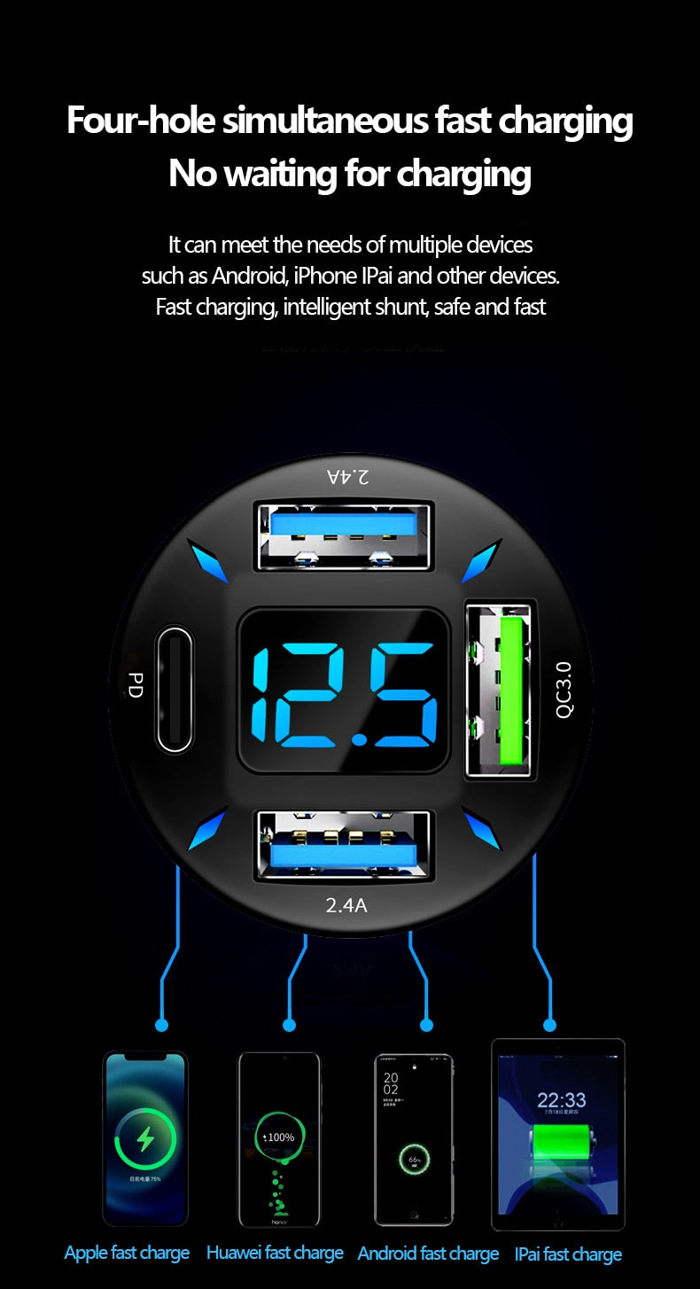 Super Fast 66W USB Car Charger with PD Quick Charge Port