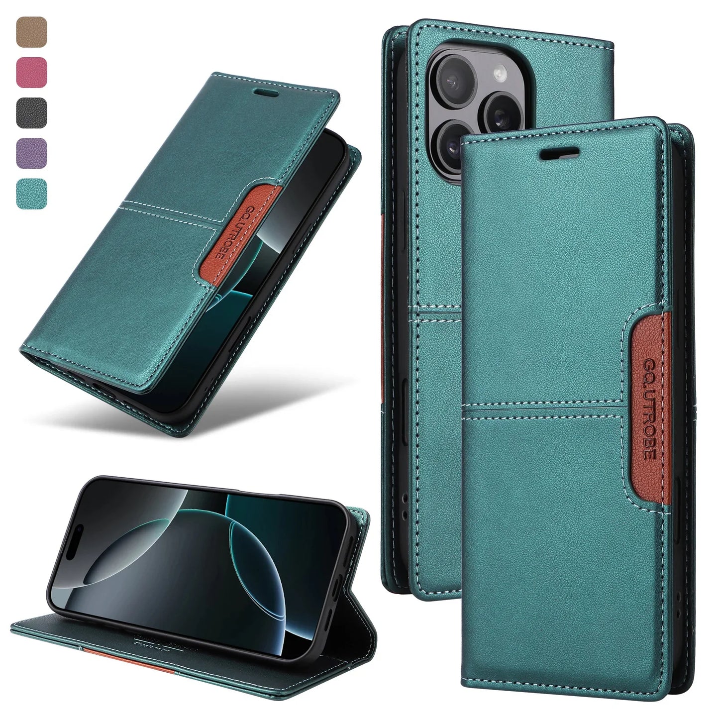 RFID Blocking Magnetic Leather Wallet Flip Case with Stand for iPhone