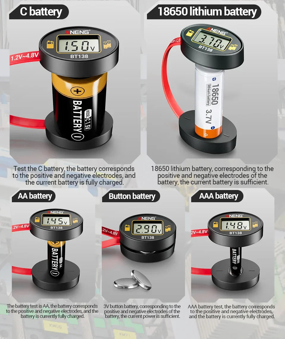 SlotFree Open-Fit Magnetic Multi-Battery Tester with Self-Powered LCD Display