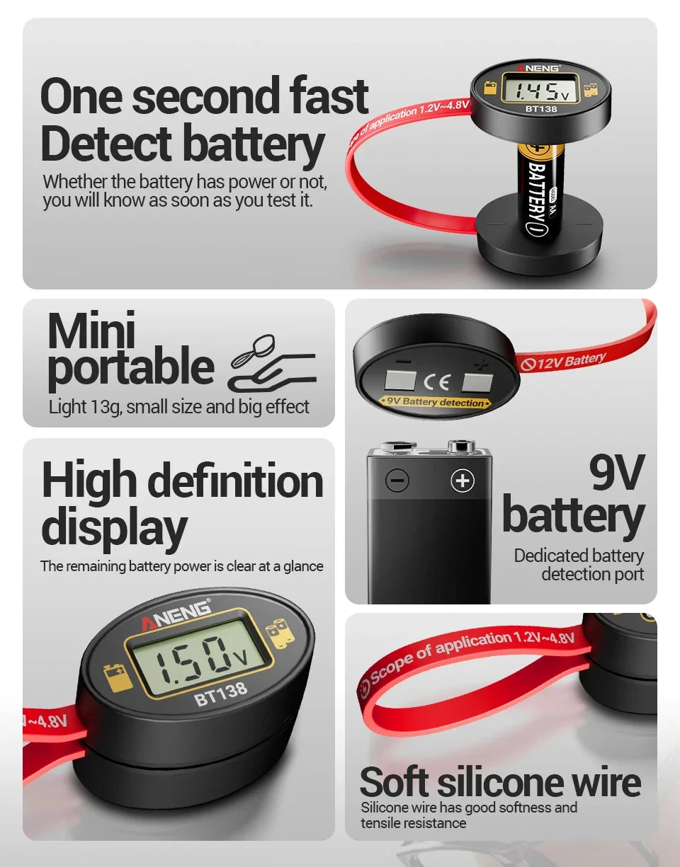 SlotFree Open-Fit Magnetic Multi-Battery Tester with Self-Powered LCD Display