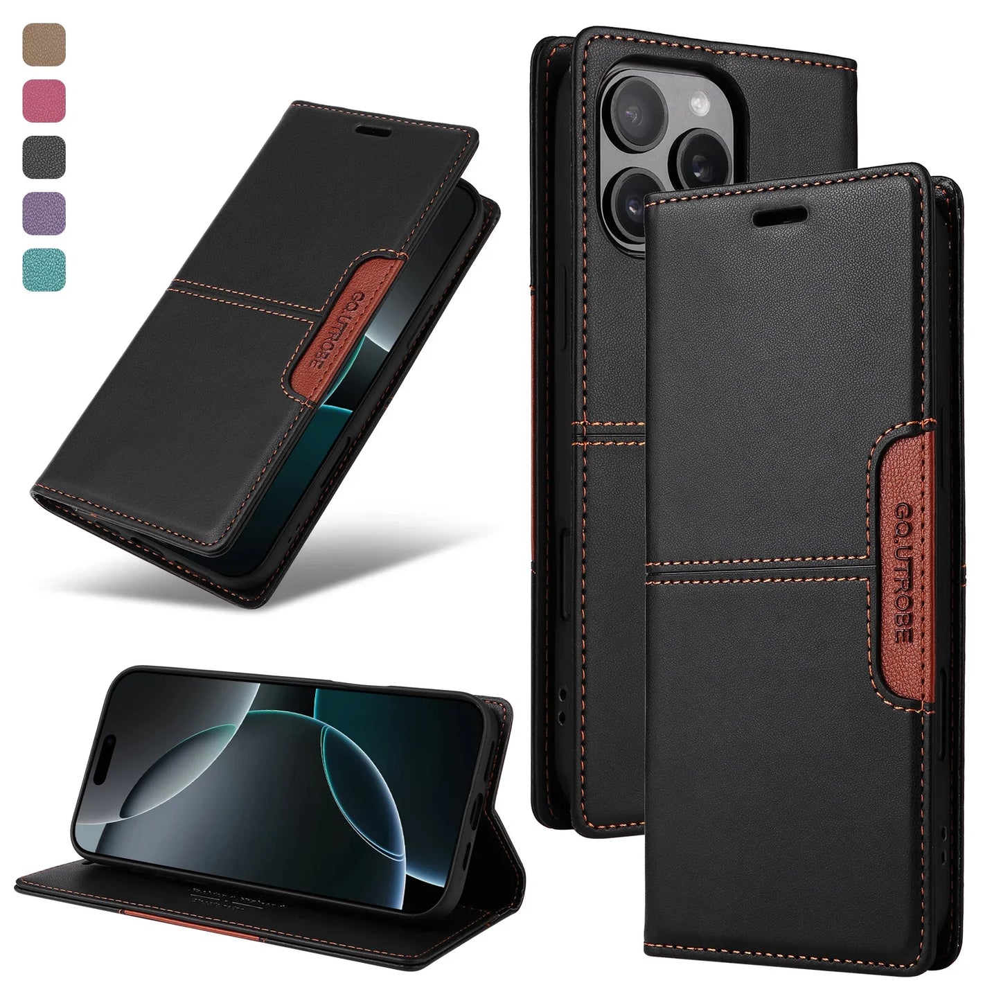 RFID Blocking Magnetic Leather Wallet Flip Case with Stand for iPhone