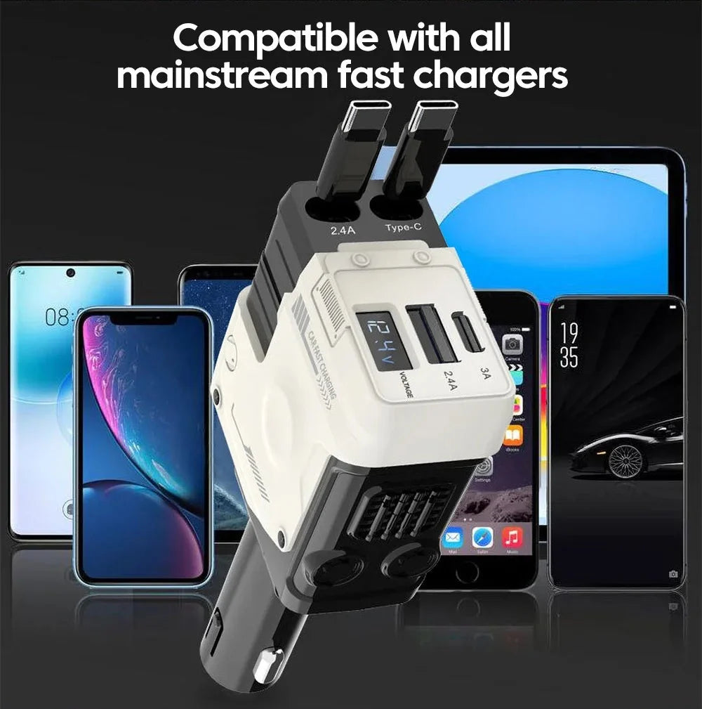 120W Super-Fast 4-in-1 Adjustable Retractable Car Charger with Digital Voltage Display
