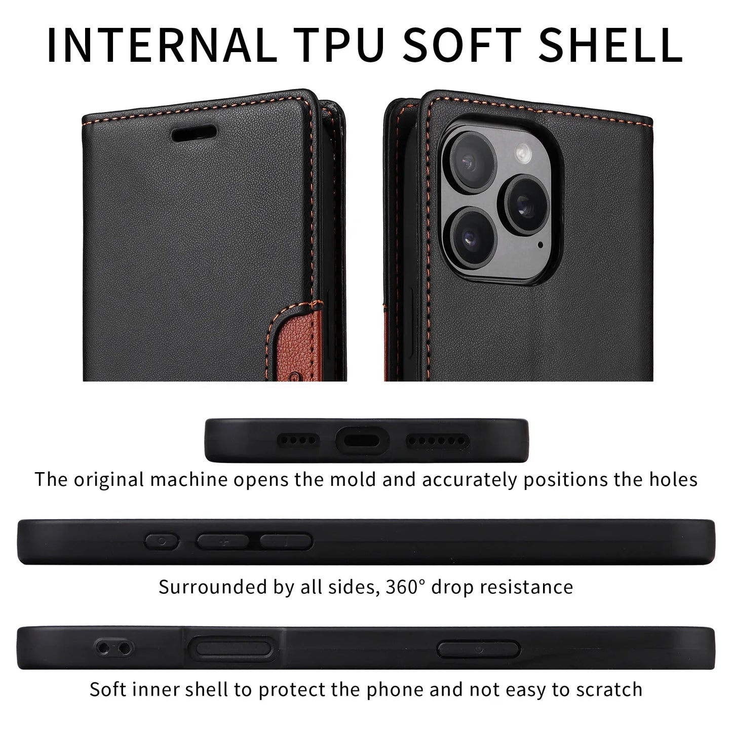 RFID Blocking Magnetic Leather Wallet Flip Case with Stand for iPhone