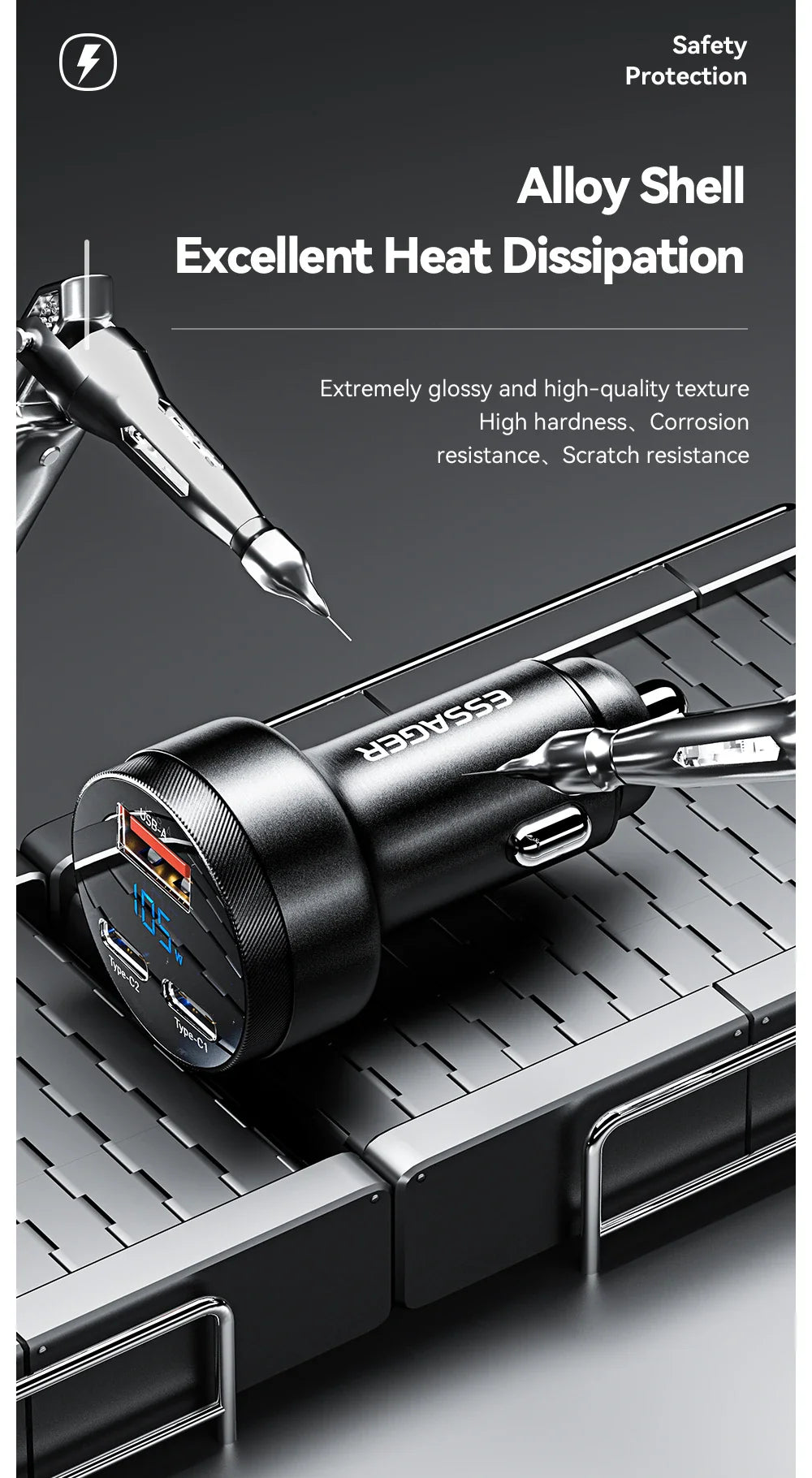 Essager 105W Triple-Port Fast Car Charger with Digital Display (USB + Dual Type-C PD/PPS)