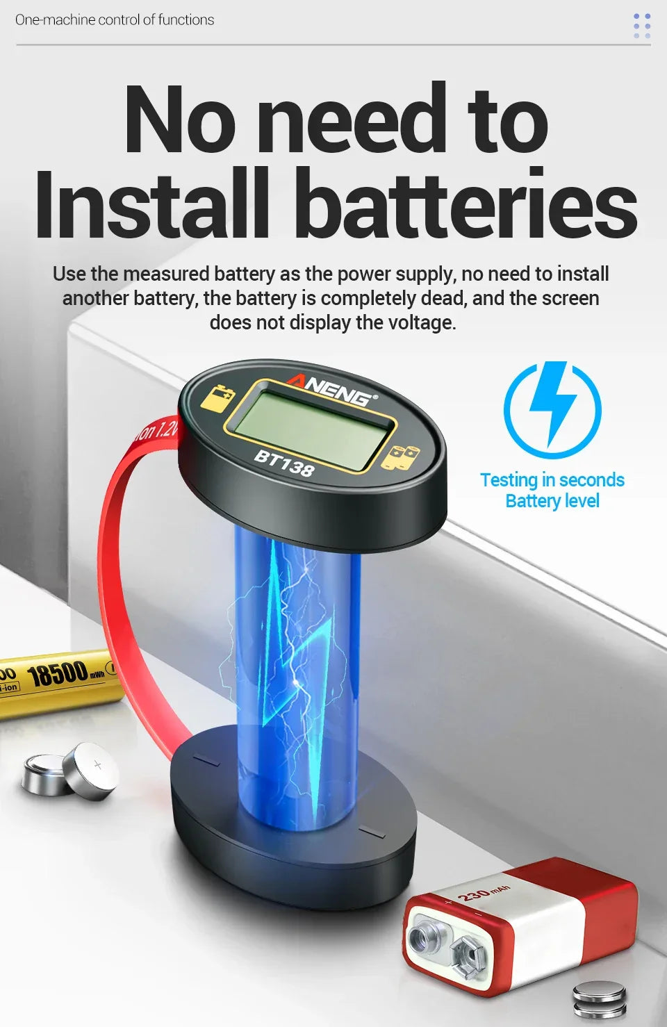 SlotFree Open-Fit Magnetic Multi-Battery Tester with Self-Powered LCD Display