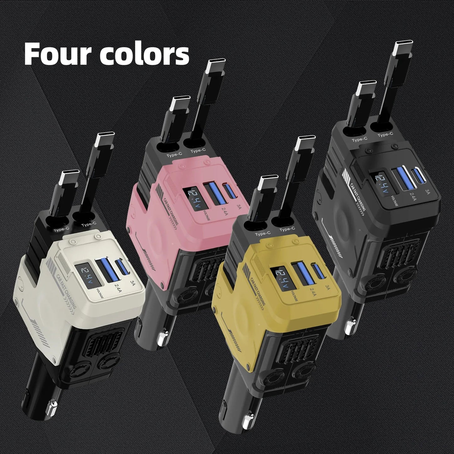 120W Super-Fast 4-in-1 Adjustable Retractable Car Charger with Digital Voltage Display