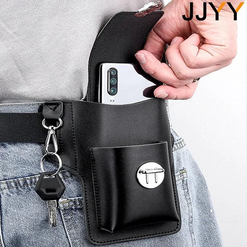 Vintage Multi-Layer Belt Phone Holster with Key Hook & Front Pocket