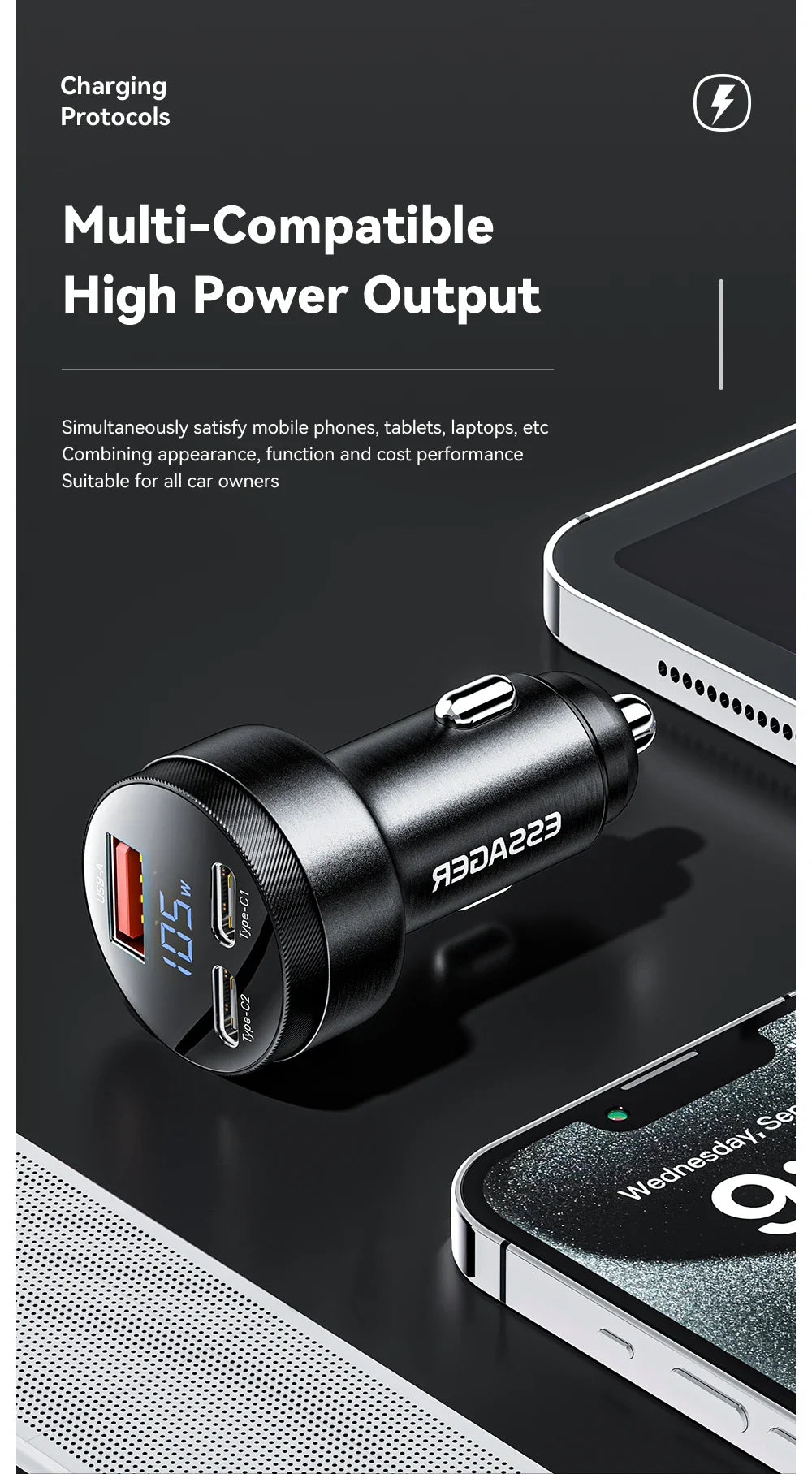 Essager 105W Triple-Port Fast Car Charger with Digital Display (USB + Dual Type-C PD/PPS)