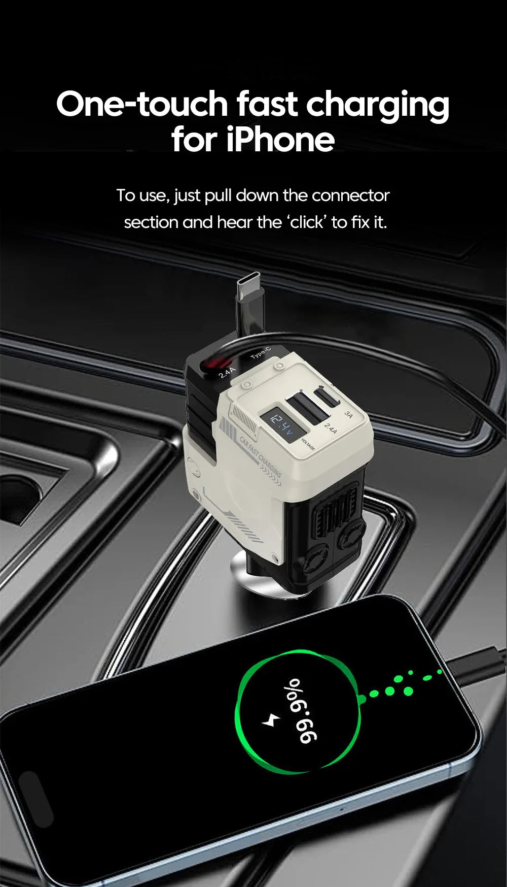 120W Super-Fast 4-in-1 Adjustable Retractable Car Charger with Digital Voltage Display