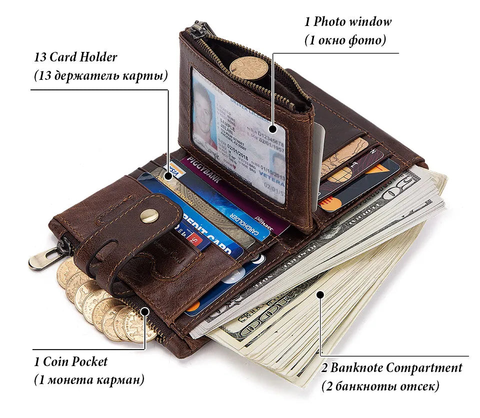 Genuine Leather Vintage RFID Blocking  Men Wallet With Chain