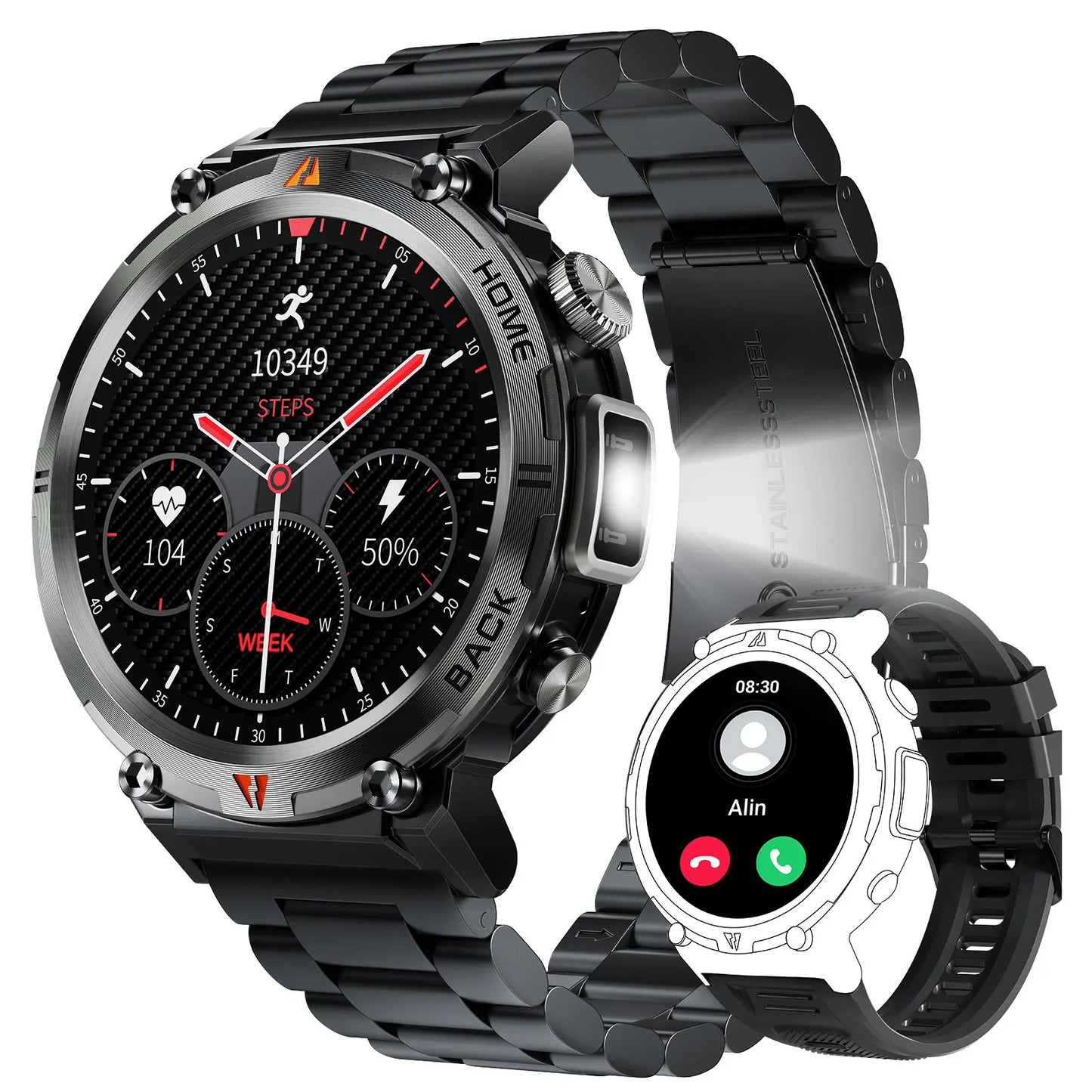 Full-Touch Screen Bluetooth Smartwatch with Health Monitoring & Built-In Flashlight (Android+IOS)