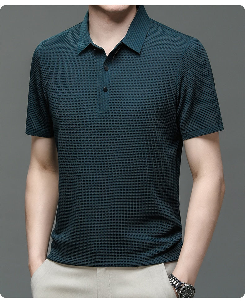 Short-Sleeve Plaid Pattern Ice Silk Polo Shirt