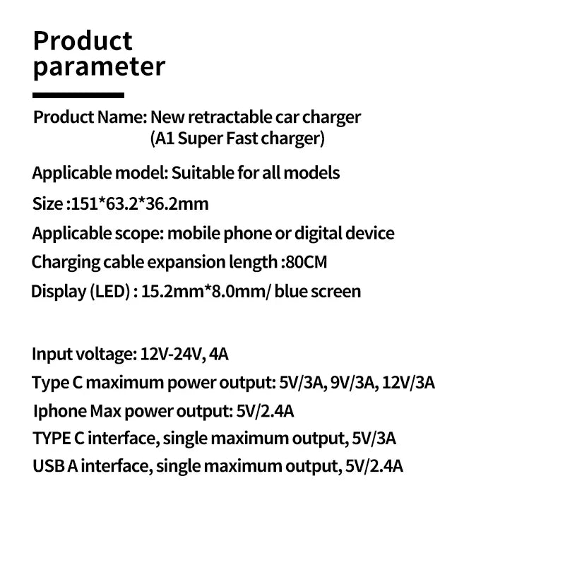 120W Super-Fast 4-in-1 Adjustable Retractable Car Charger with Digital Voltage Display
