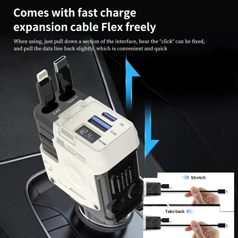 120W Super-Fast 4-in-1 Adjustable Retractable Car Charger with Digital Voltage Display
