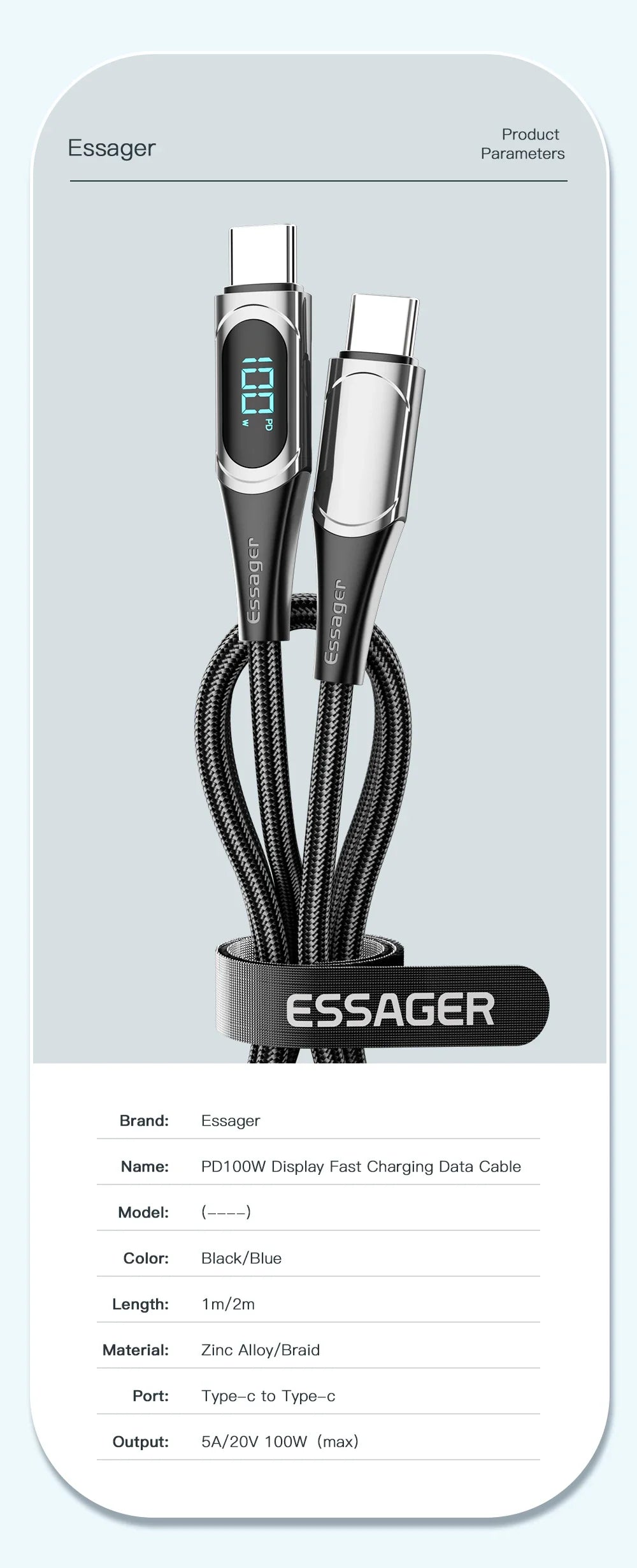 Essager Super Fast PD 100W/5A Type-C Charging Cable with Smart LED Display