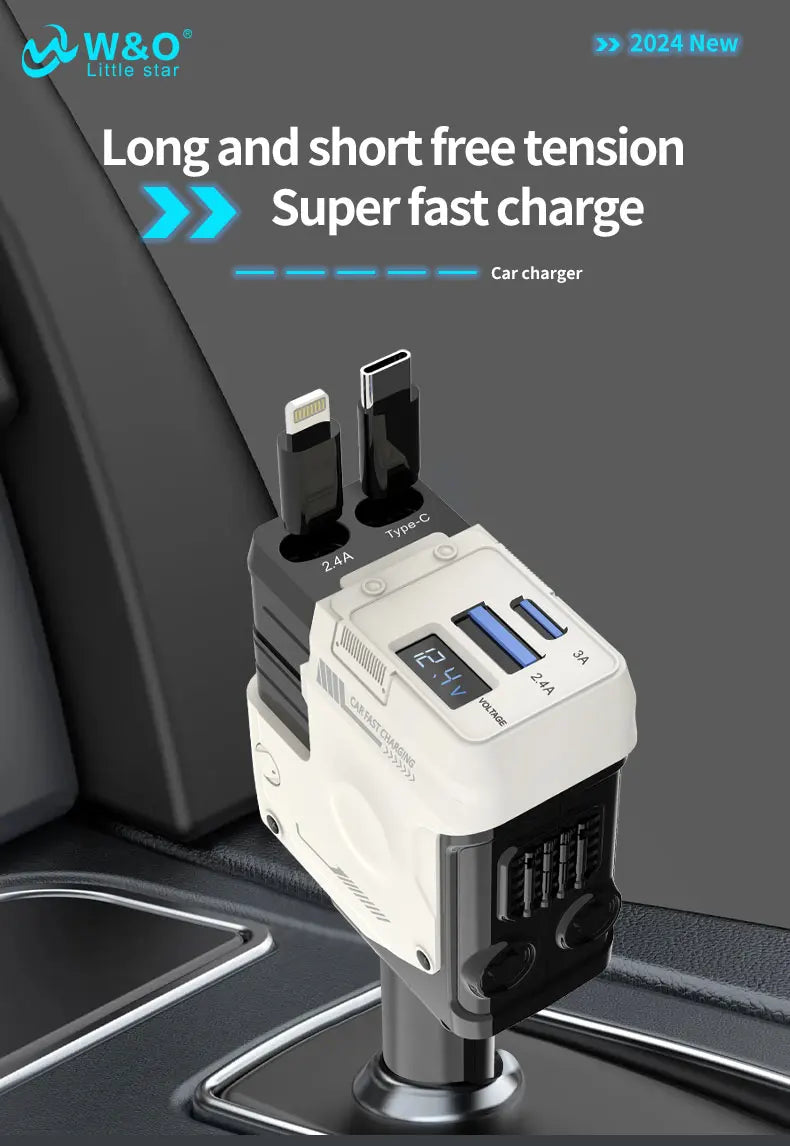 120W Super-Fast 4-in-1 Adjustable Retractable Car Charger with Digital Voltage Display