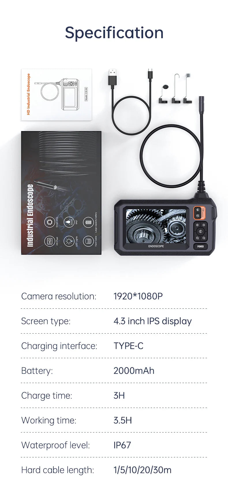 Industrial HD 1080P Waterproof 8 LEDS Endoscope Camera with 4.3inch IPS Screen