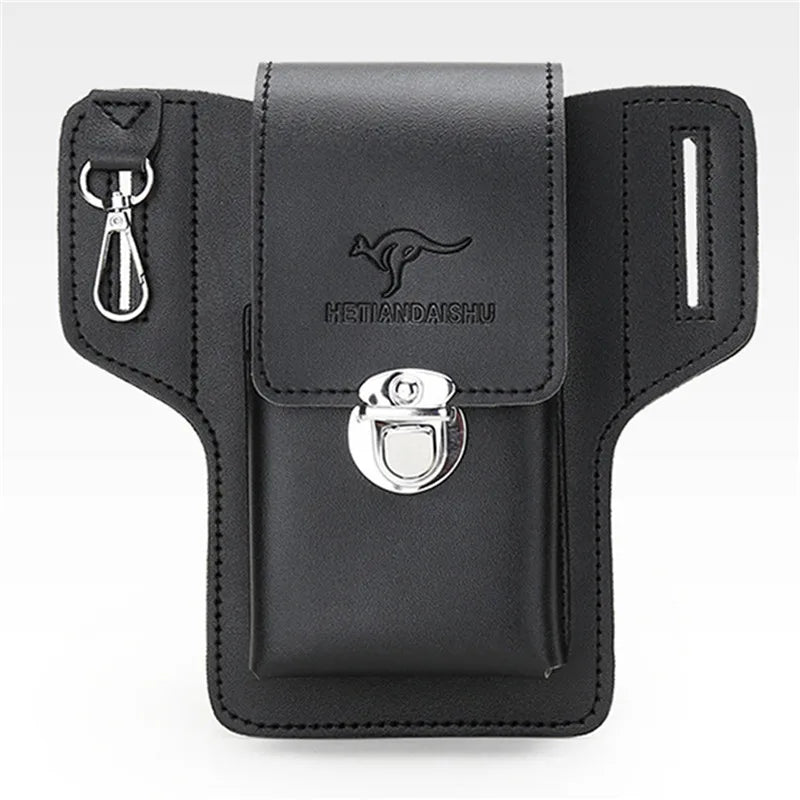 Vintage Multi-Layer Belt Phone Holster with Key Hook & Front Pocket