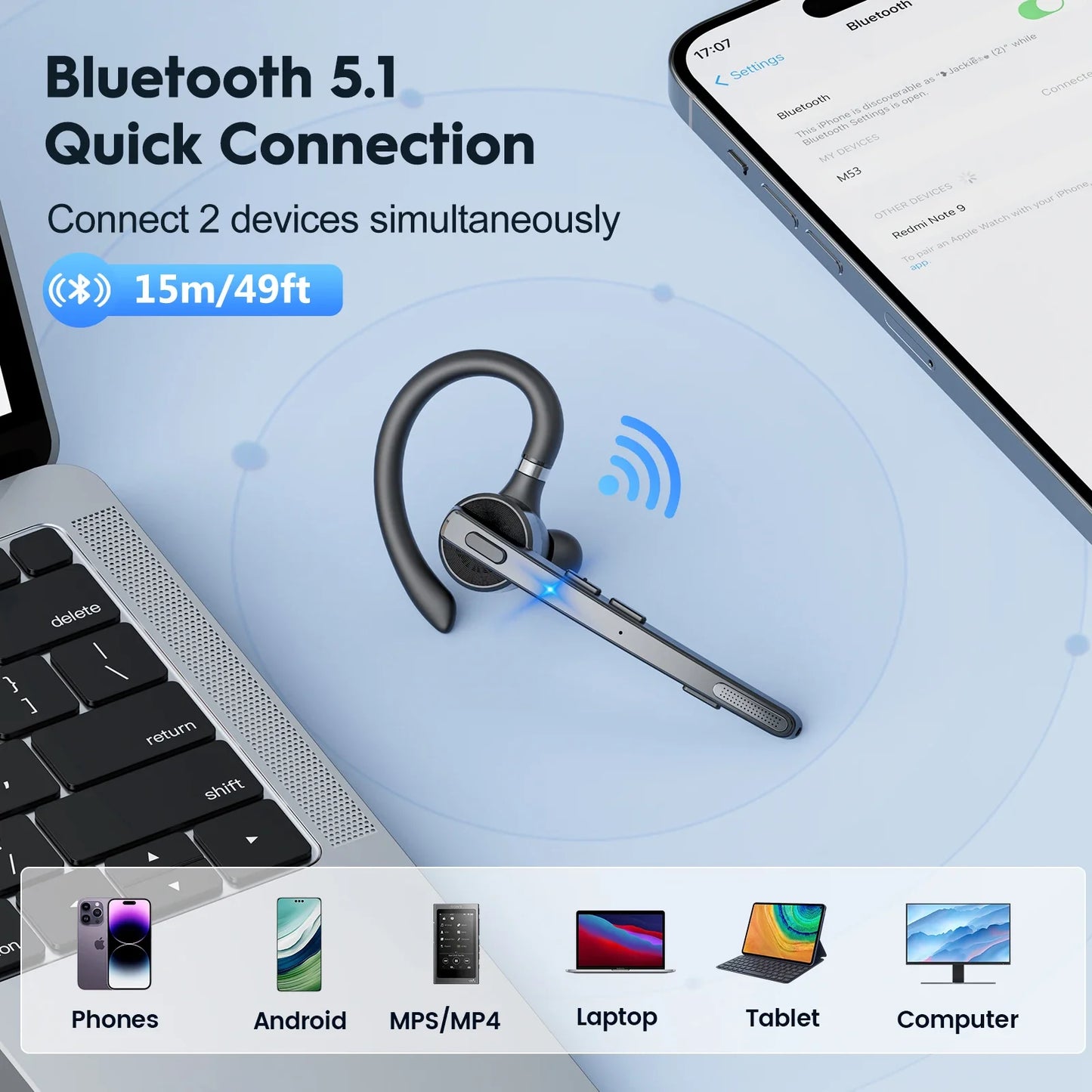 Bee M53 Dual-Mic Noise Cancelling Hi-Fi Audio Lightweight Headset with Charging Case