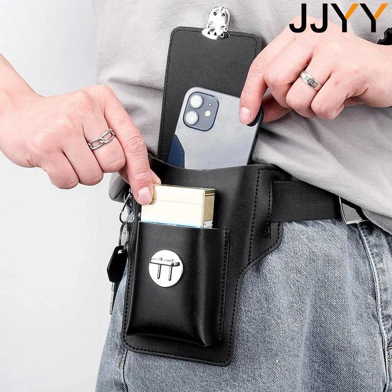 Vintage Multi-Layer Belt Phone Holster with Key Hook & Front Pocket