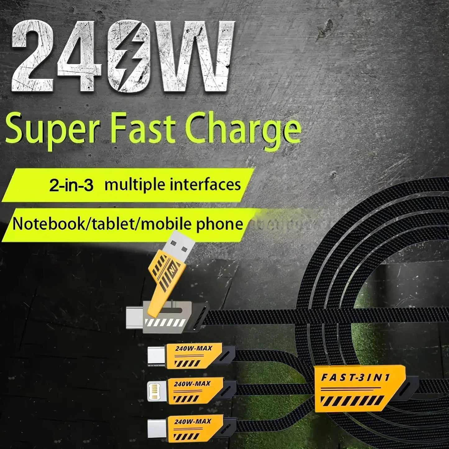 MaxCharge 240W Smart Cable – 3-in-1 Multi-Port with USB & Type-C Dual Input