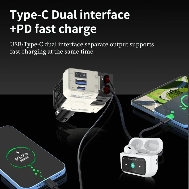 120W Super-Fast 4-in-1 Adjustable Retractable Car Charger with Digital Voltage Display