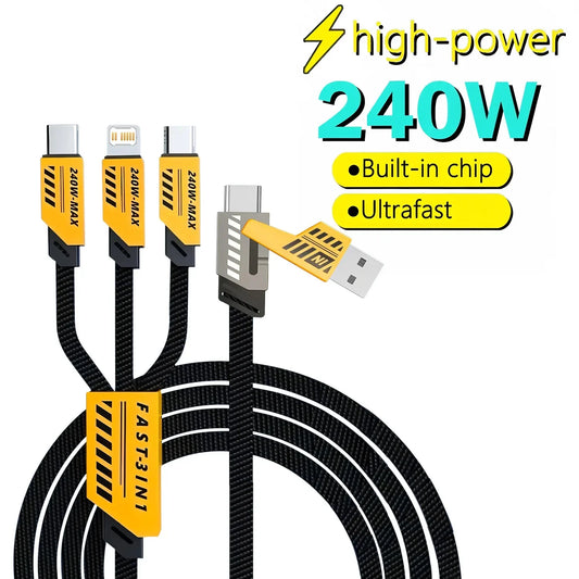 MaxCharge 240W Smart Cable – 3-in-1 Multi-Port with USB & Type-C Dual Input