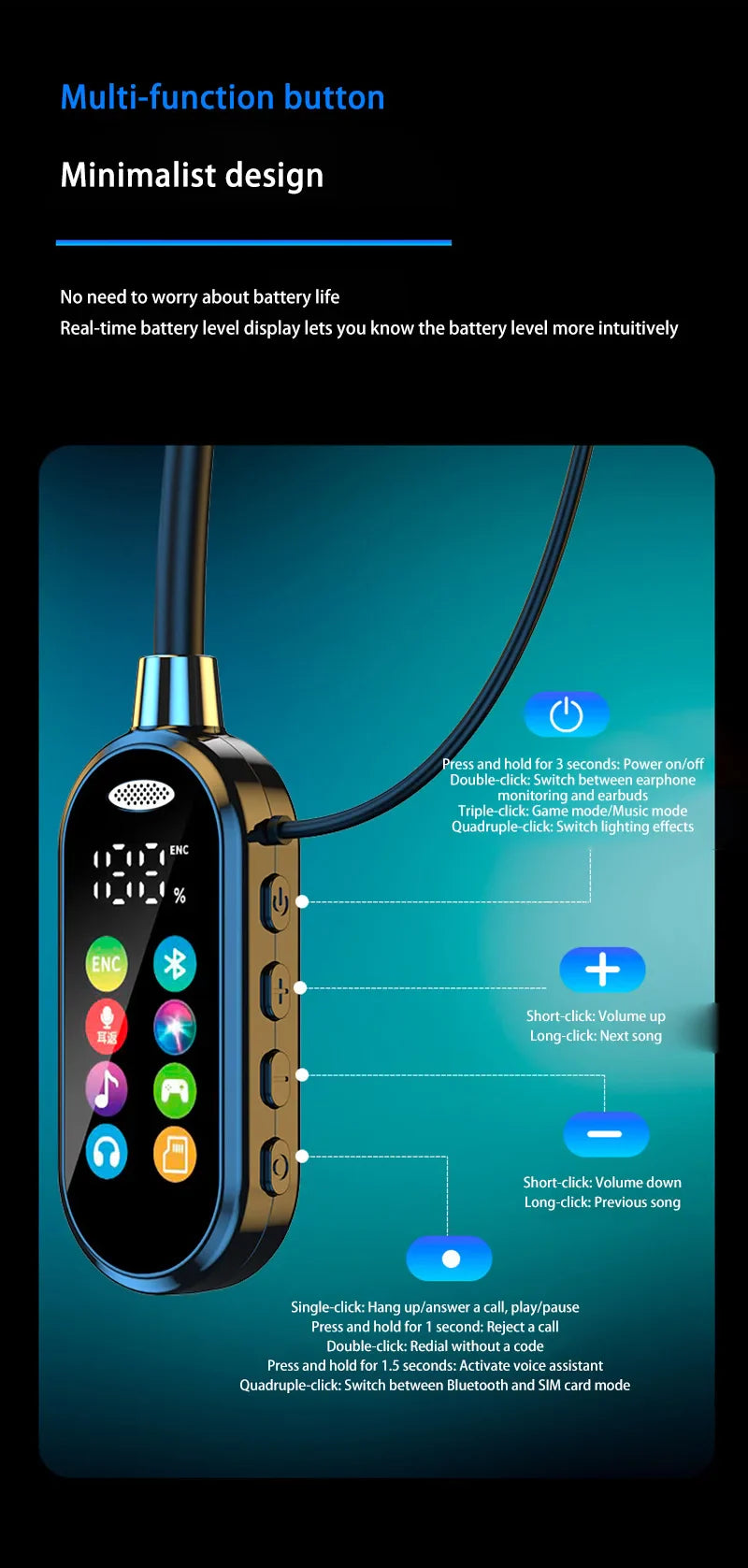 HiFi Sound Color Screen Neckband Magnetic Earphones with Noise Reduction & HD Calls