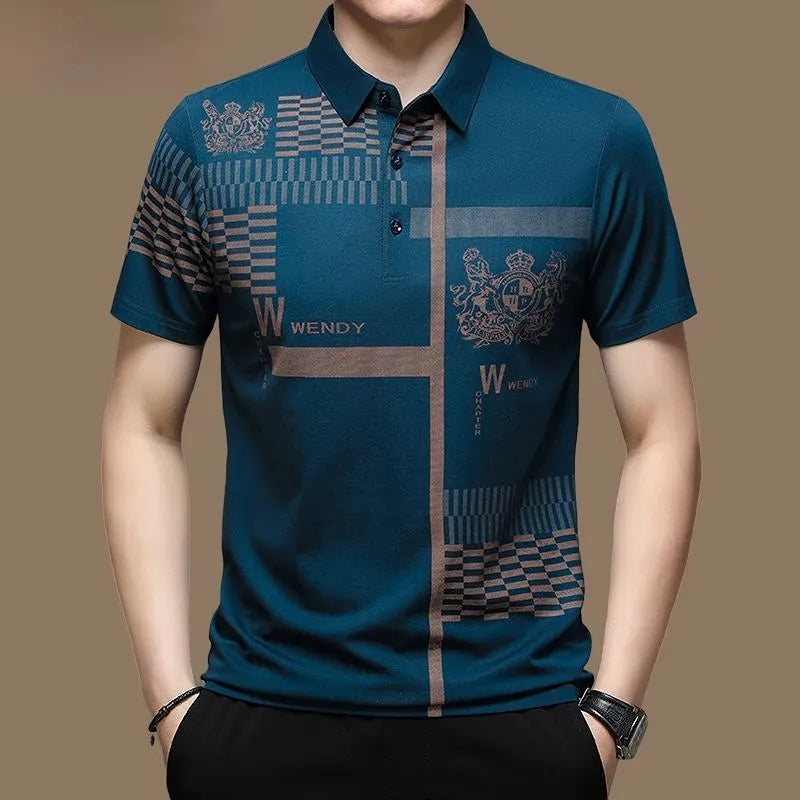 Business Pattern Print Short Sleeve Collar Polo Shirt