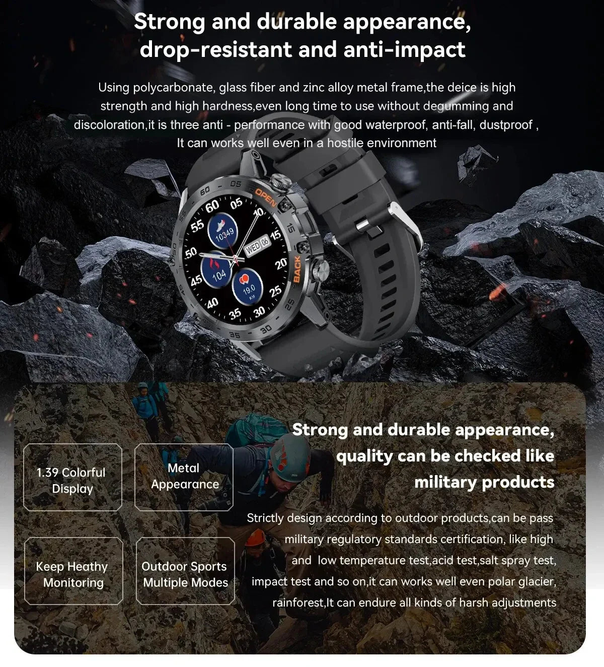 Military-Grade Durability Shockproof & Impact-Resistant Bluetooth Health Monitoring Smartwatch (Android+IOS)