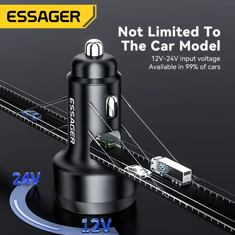 Essager 105W Triple-Port Fast Car Charger with Digital Display (USB + Dual Type-C PD/PPS)