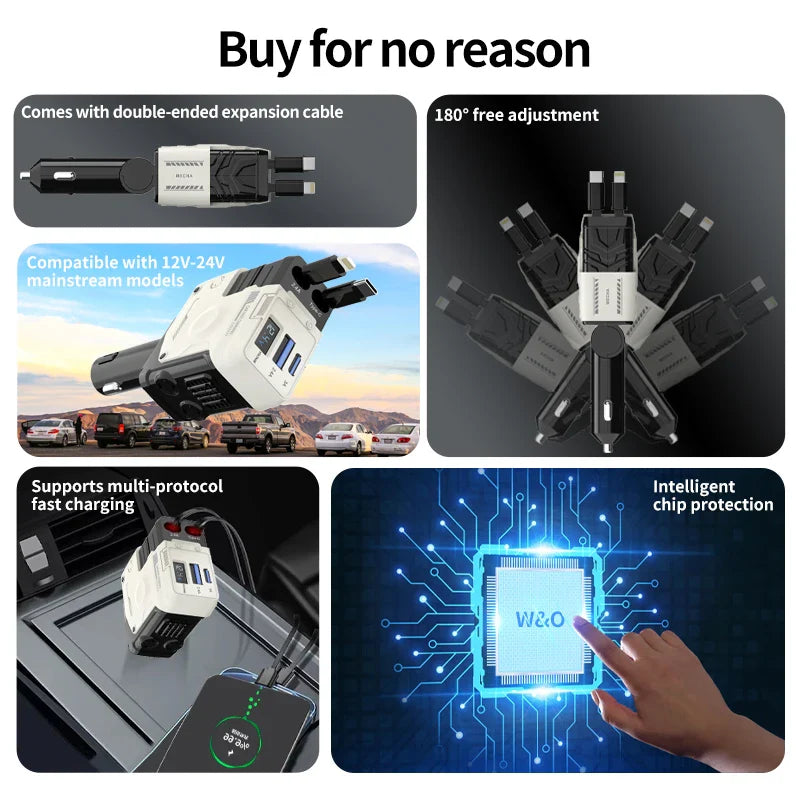 120W Super-Fast 4-in-1 Adjustable Retractable Car Charger with Digital Voltage Display