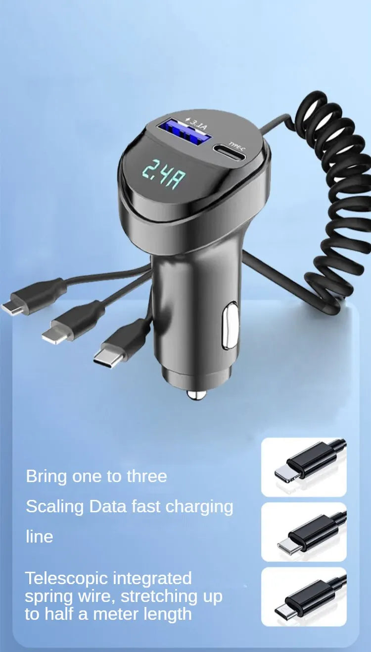 ChargeMaster 5-in-1 Retractable Pro Car Charger with Voltage Display