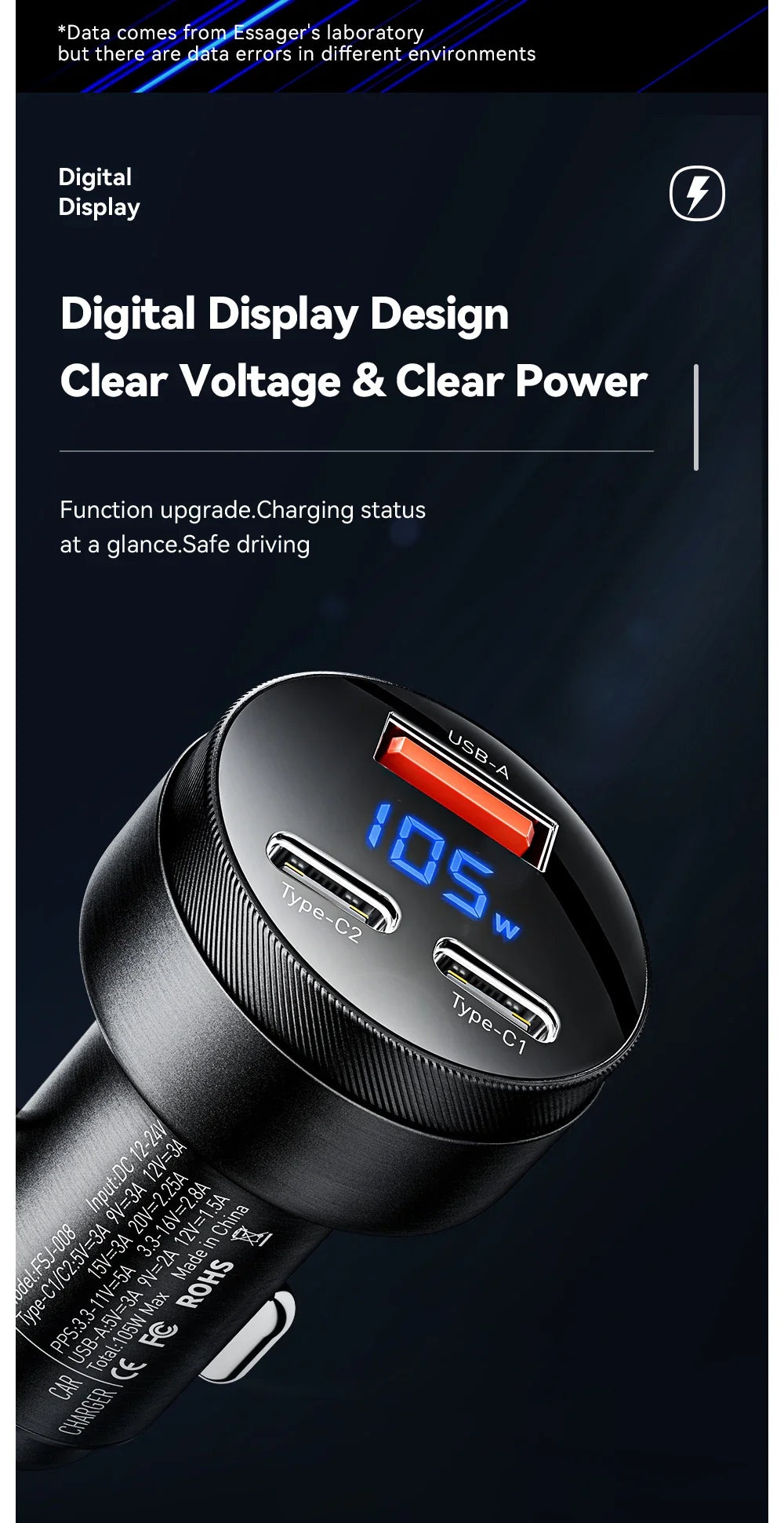 Essager 105W Triple-Port Fast Car Charger with Digital Display (USB + Dual Type-C PD/PPS)