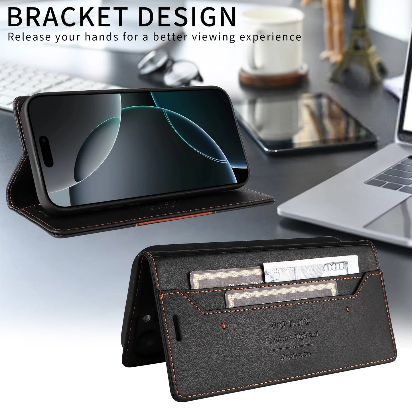 RFID Blocking Magnetic Leather Wallet Flip Case with Stand for iPhone