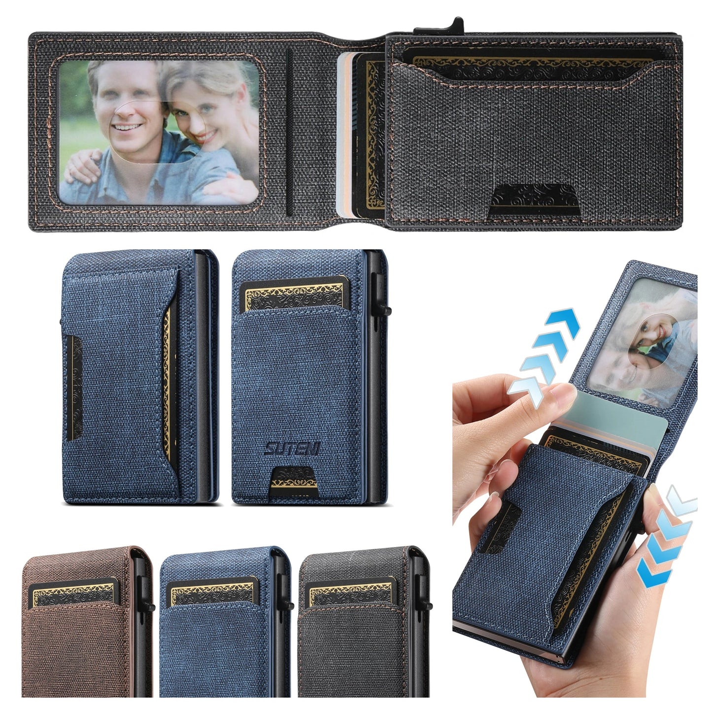 Collage of a blue wallet with card slots and photo frame, featuring SUREN branding.