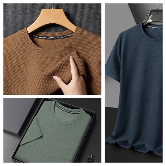 Summer 3D Waffle-Knit Crew Neck T-Shirt – Breathable & Soft