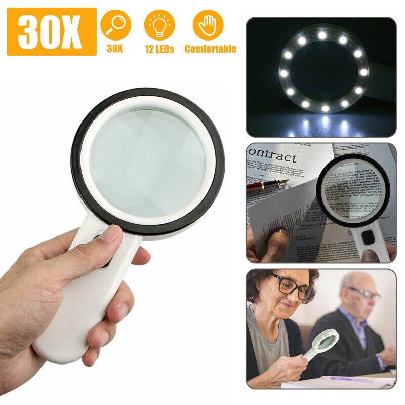 30X Handheld Illuminated Magnifier with 12 LED Lights For The Elderly