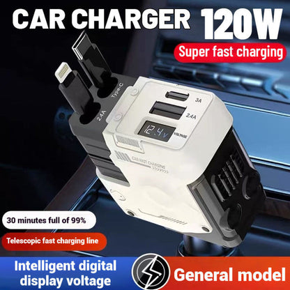120W Super-Fast 4-in-1 Adjustable Retractable Car Charger with Digital Voltage Display